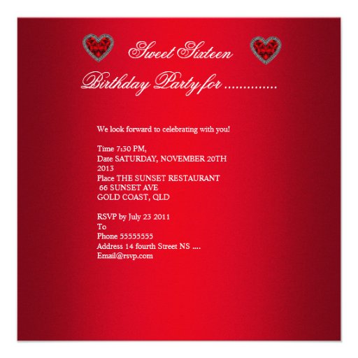 Sweet Sixteen Sweet 16 Birthday Party Red Custom Announcement