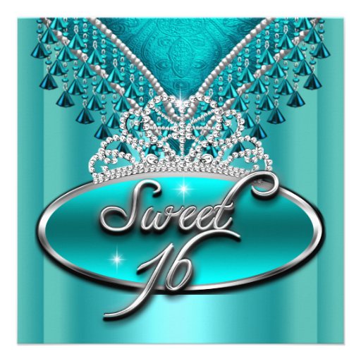 Sweet Sixteen Sweet 16 Birthday Teal Blue Tiara Personalized Invitations (front side)