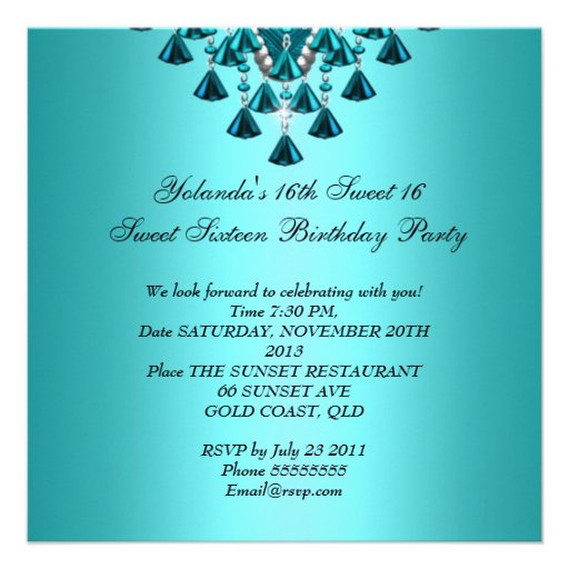Sweet Sixteen Sweet 16 Birthday Teal Blue Tiara Personalized Invitations