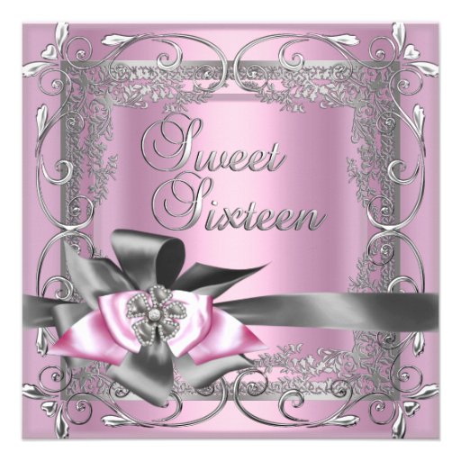 Sweet Sixteen Sweet 16 Light Pink Silver Grey Bow Custom Invitation