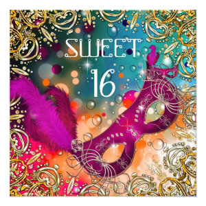 Sweet Sixteen Sweet 16 Masquerade Pink Teal Announcements