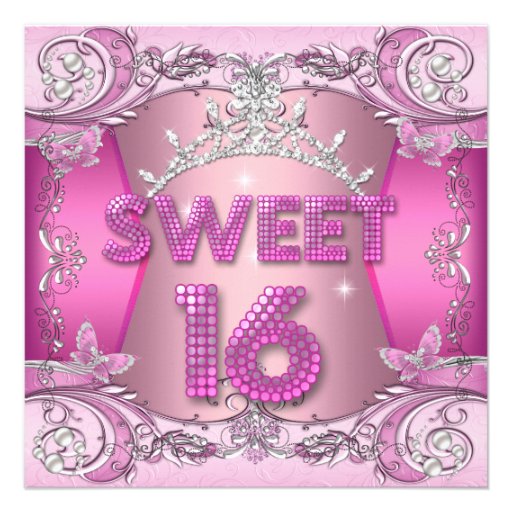 Sweet Sixteen Sweet 16 Pink Silver Tiara Custom Invitation