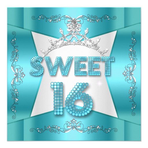 Sweet Sixteen Sweet 16 Teal Blue Silver Tiara Custom Announcement (front side)