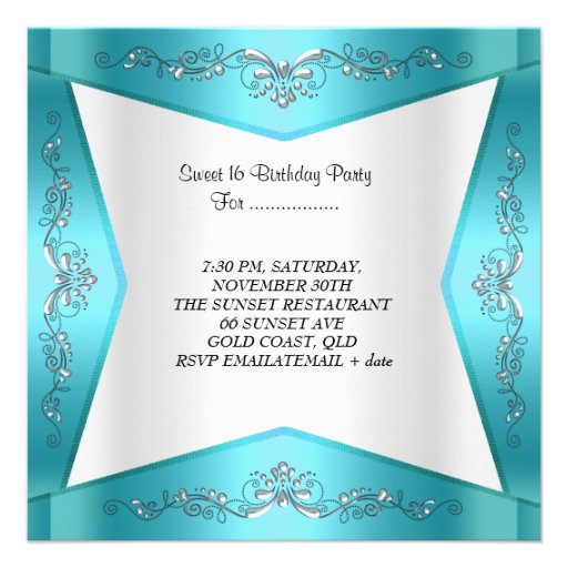 Sweet Sixteen Sweet 16 Teal Blue Silver Tiara Custom Announcement