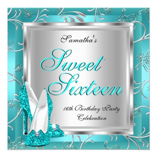 Sweet Sixteen Sweet 16 Teal Blue Silver White Custom Invite