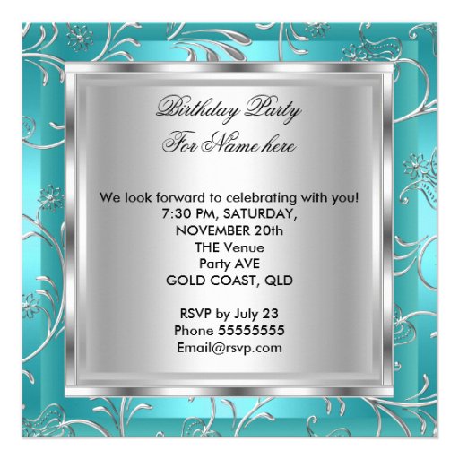 Sweet Sixteen Sweet 16 Teal Blue Silver White Custom Invite