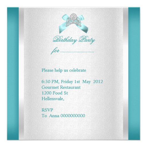 Sweet Sixteen Sweet 16 Tiara Blue Teal Invite