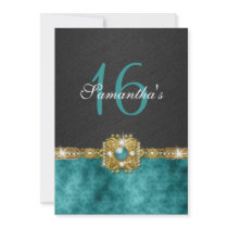 "sweet sixteen" teal black 16 birthday invitations