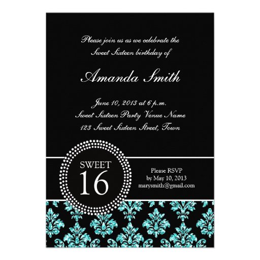 SWEET SIXTEEN, TEAL BLUE GLITTER,  BLACK DAMASK PERSONALIZED ANNOUNCEMENT