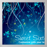 Sweet Sixteen Teal Blue Swirls Party Banner Posters