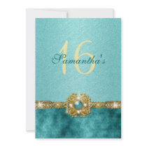 "sweet sixteen" teal gold 16 birthday invitation