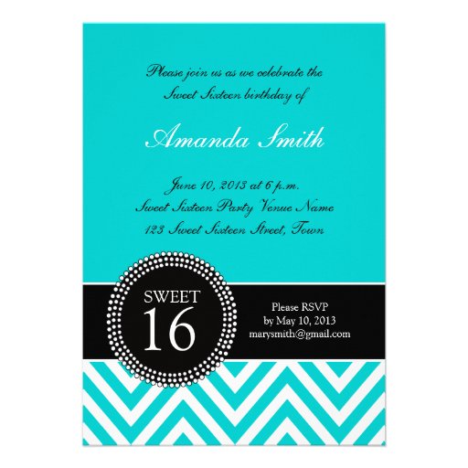 SWEET SIXTEEN TEAL ZIG ZAG CHEVRON PATTERN PERSONALIZED ANNOUNCEMENT