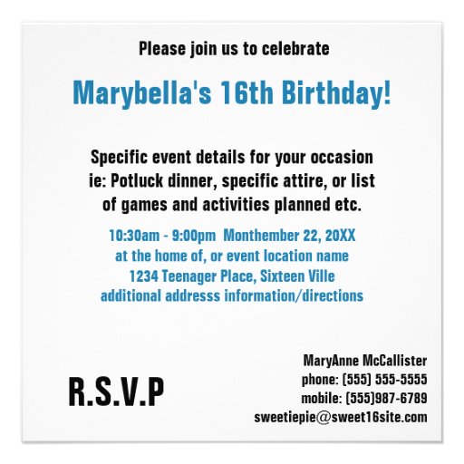 Sweet Sixteen Teen Birthday Party (Bright Blue) Personalized Announcement