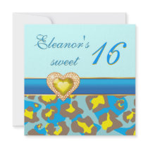 Sweet sixteen yellow blue leopard jewel heart personalized invite