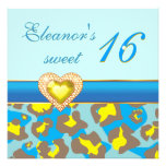 Sweet sixteen yellow blue leopard jewel heart personalized invite