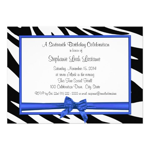 Sweet Sixteen Zebra and Blue Bow with Photo Custom Invite