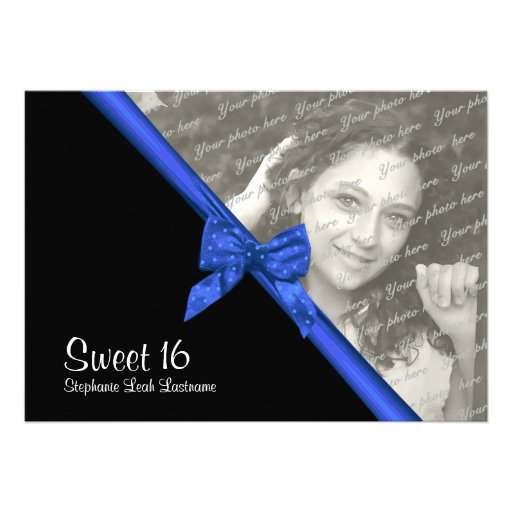 Sweet Sixteen Zebra and Blue Bow with Photo Custom Invite