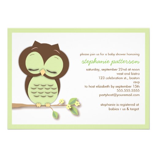 Sweet Sleepy Green Owl Neutral Baby Shower Custom Invites (front side)