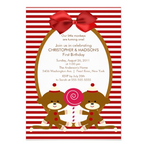 Sweet Sock Monkeys TWINS Birthday Invitation