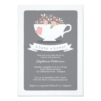 Sweet Teacup & Pink Floral Baby Shower Invitation