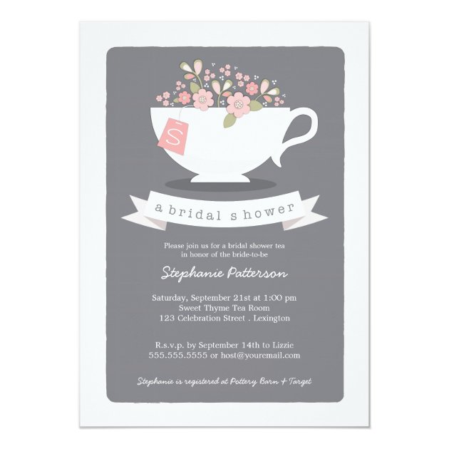 Sweet Teacup Pink Floral Bridal Shower Invitation (front side)