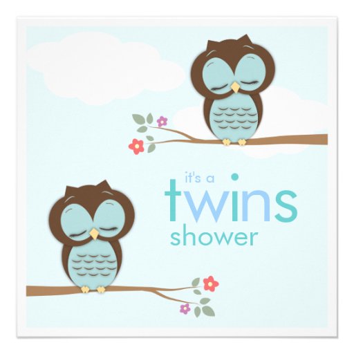 Sweet Twins Hoot Owls Boy Baby Shower Invitation (front side)