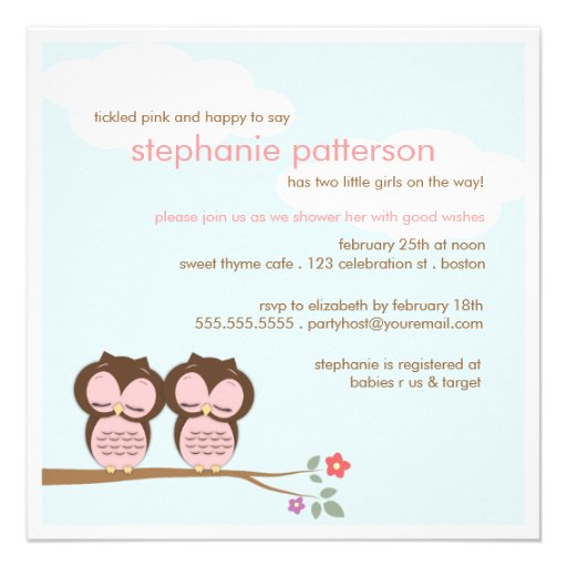 Sweet Twins Hoot Owls Pink Baby Shower Invitation