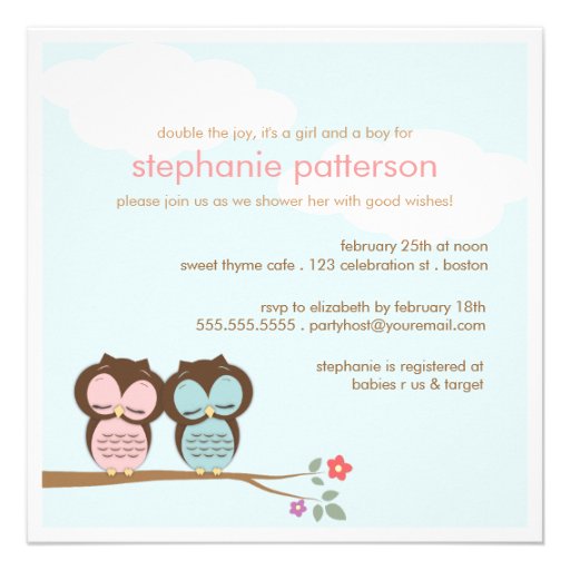 Sweet Twins Owls Boy Girl Baby Shower Invitation