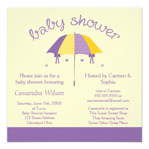 Sweet Umbrella Baby Shower Purple Yellow Invite