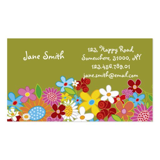 Sweet Whimsical Spring Flowers Colorful Garden Business Cards (front side)