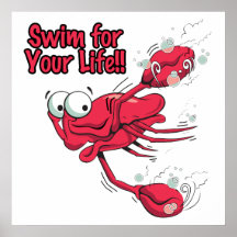 swim for your life scared swmming crab print