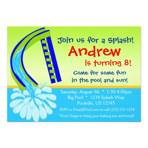 Swimming Pool Party - Green Water Slide Birthday Personalized Invites
