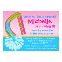 Swimming Pool Party - Pink Water Slide Birthday Custom Announcements