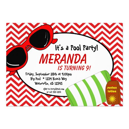 Swimming Pool Party - Red Chevron Birthday Invite