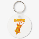 round_keychain - Colorful and cute Bride T-shirts, mugs, and more with an orange tropical flowers swimsuit and gold text that reads "Bride". Get the matching Groom T-shirt too!