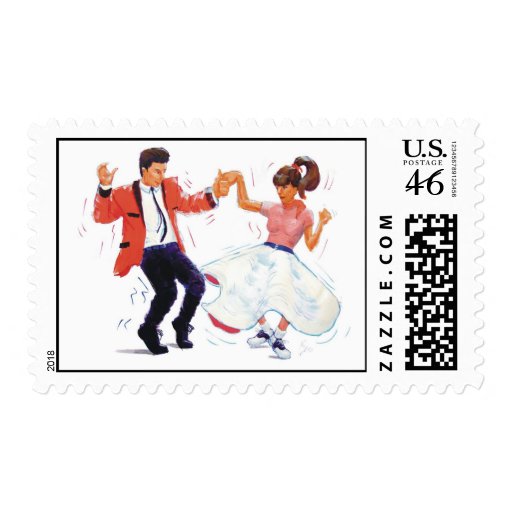 swing dancer poodle skirt & saddle shoes postage stamp