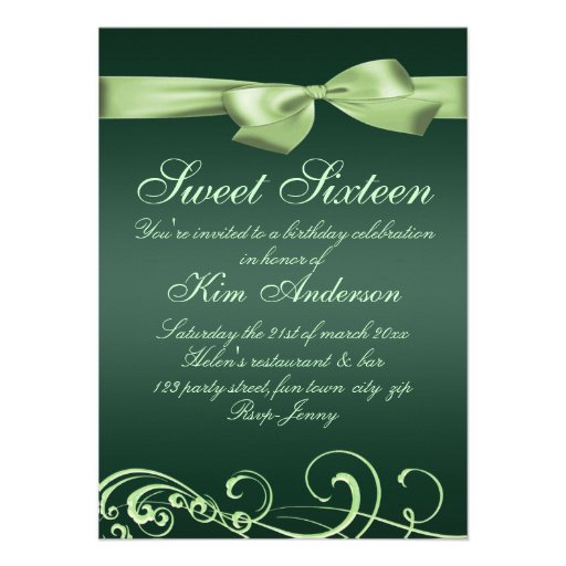 Swirl & Bow Green Birthday Invite