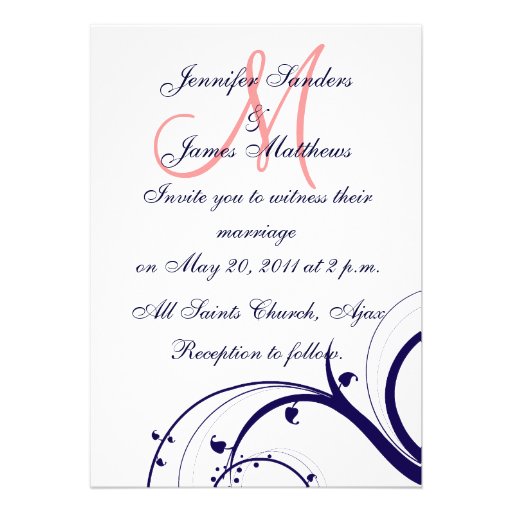 Swirl Monogram Wedding Invitations Navy Coral