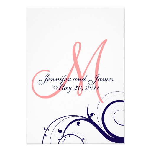 Swirl Monogram Wedding Invitations Navy Coral (front side)