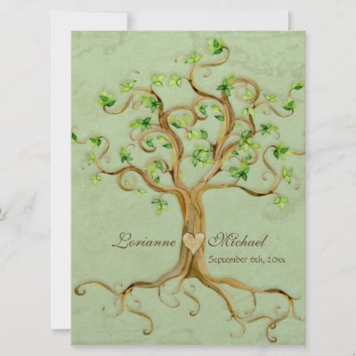 Swirl Tree Roots Antiqued Green Parchment Wedding Personalized Invitation by