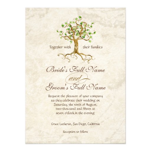 Swirl Tree Roots Antiqued Green Parchment Wedding Custom Invitation