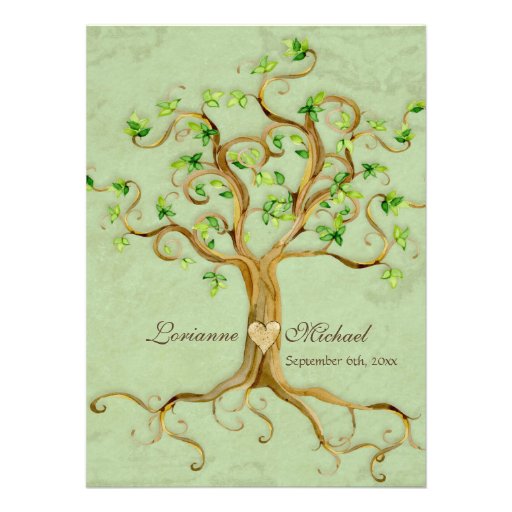Swirl Tree Roots Antiqued Green Parchment Wedding Custom Invitation