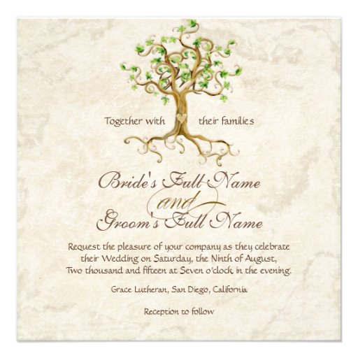 Swirl Tree Roots Antiqued Green Parchment Wedding Custom Invite