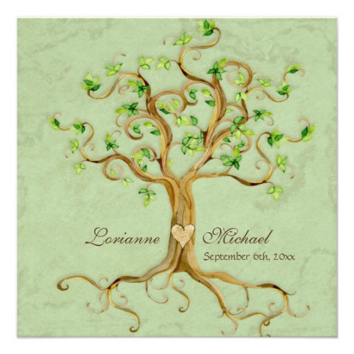 Swirl Tree Roots Antiqued Green Parchment Wedding Custom Invite