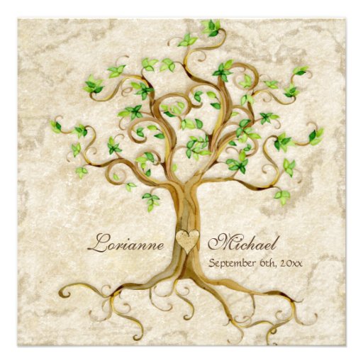 Swirl Tree Roots Antiqued Parchment Wedding Personalized Invitation