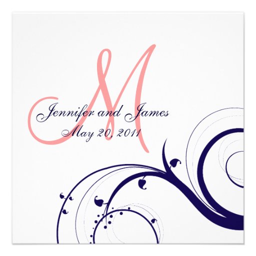 Swirl Wedding Invitations Navy Blue Coral Pink (front side)