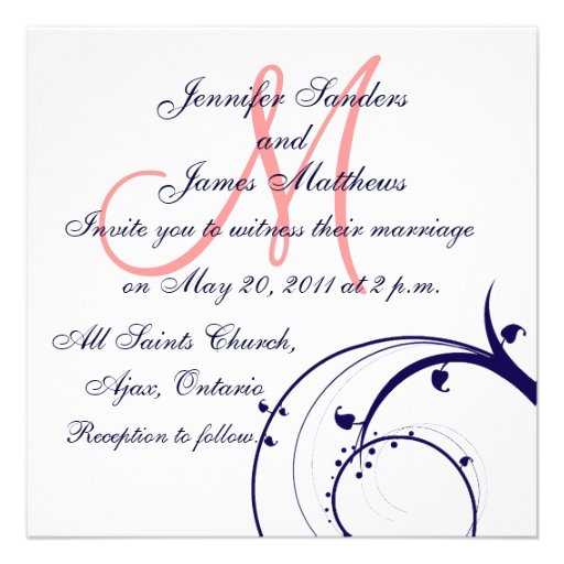 Swirl Wedding Invitations Navy Blue Coral Pink