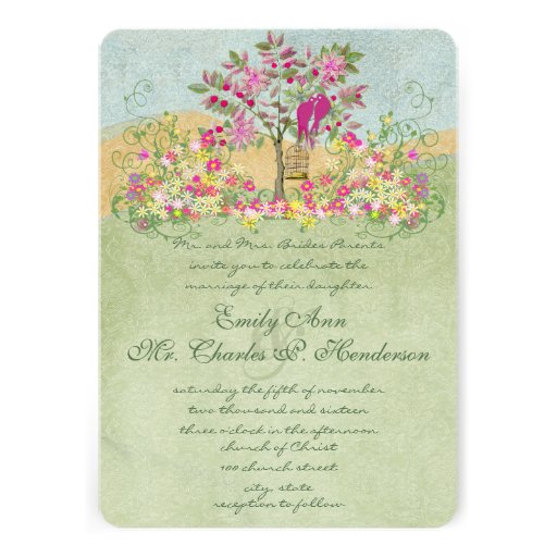 Swirled Pink Green Flower Love Birds Tree Wedding Invite