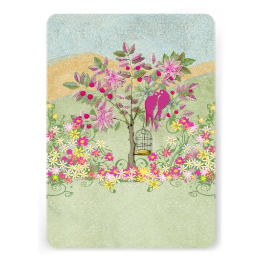 Swirled Pink Green Flower Love Birds Tree Wedding Invite