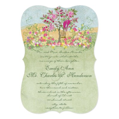 Swirled Pink Green Flower Love Birds Tree Wedding Invite